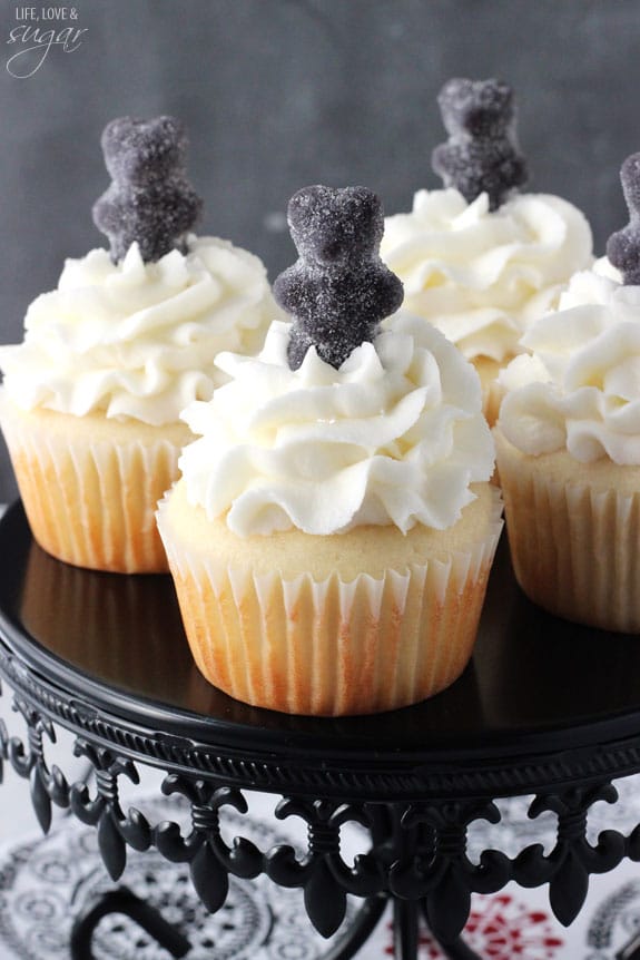 Anise Licorice Cupcakes on a black cake stand