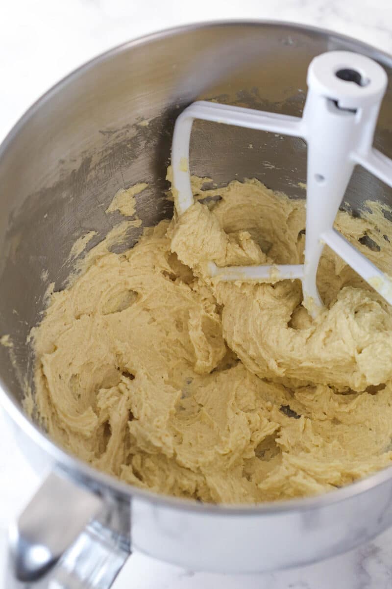 creamed butter and sugars with egg and vanilla extract added and combined in silver mixing bowl