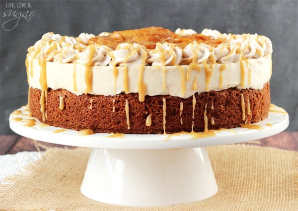 Caramel Apple Blondie Cheesecake on a white cake stand