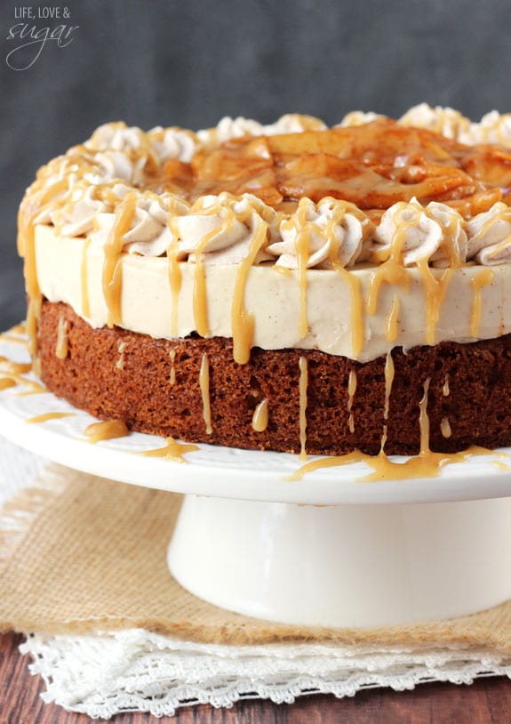 Caramel Apple Blondie Cheesecake on a white cake stand