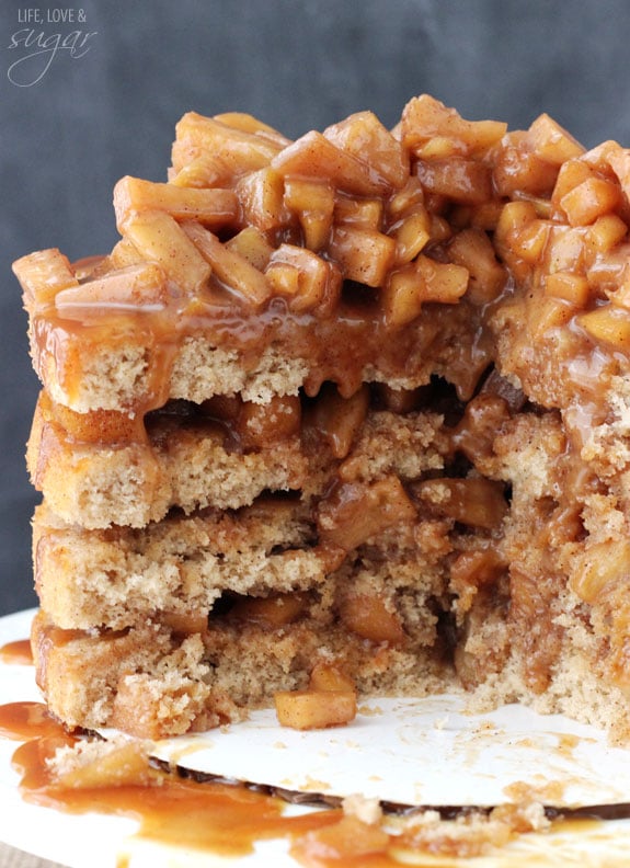 Caramel Apple Layer Cake on a plate with a slice removed