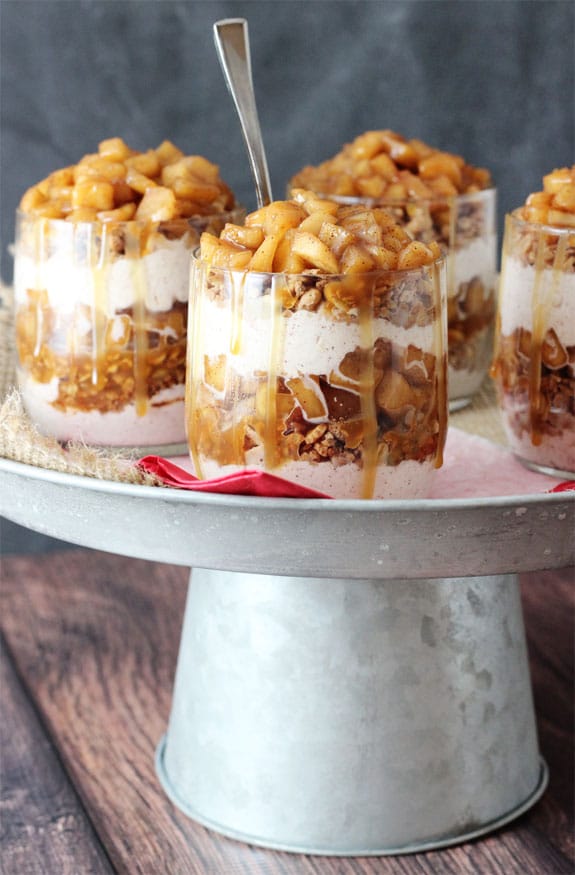 Caramel Apple Trifles - layers of granola, cinnamon whipped cream, cinnamon apples and caramel!