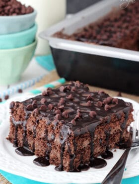 Death By Chocolate Icebox Cake slice on white plate close up