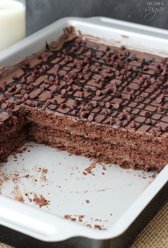 Rich Chocolate Icebox Cake in a Pan with a couple slices removed