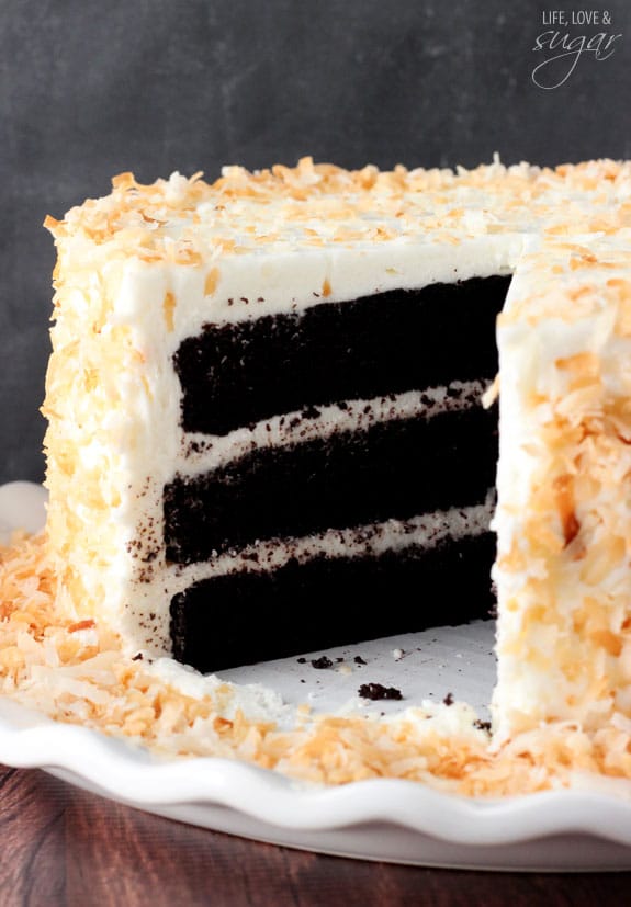 Chocolate Coconut Cake with a slice removed