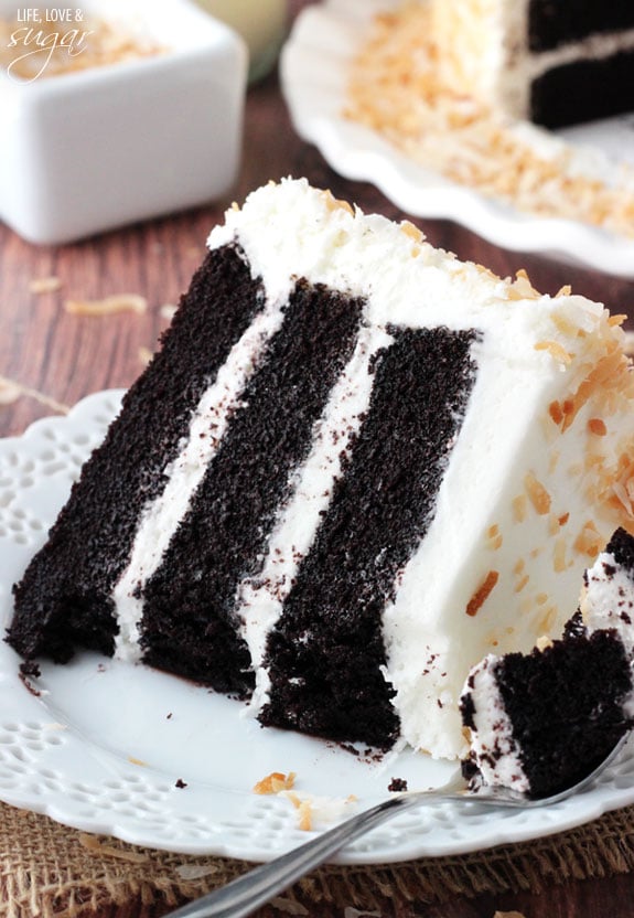 Chocolate Coconut Cake slice on a plate