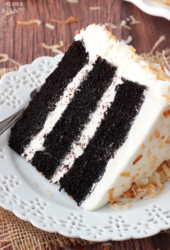 Chocolate Coconut Cake slice on a plate