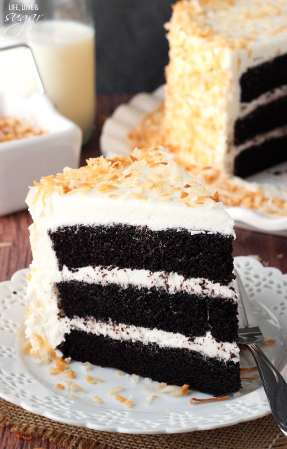 Chocolate Coconut Cake slice on a plate