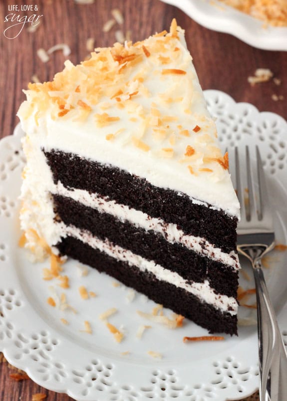 Chocolate Coconut Cake slice on a plate