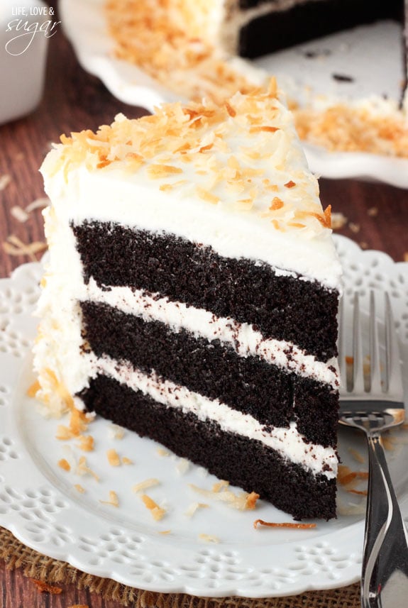 Chocolate Coconut Cake slice on a plate