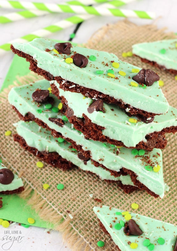 Mint Chocolate Brownie Brittle Bark pieces on burlap