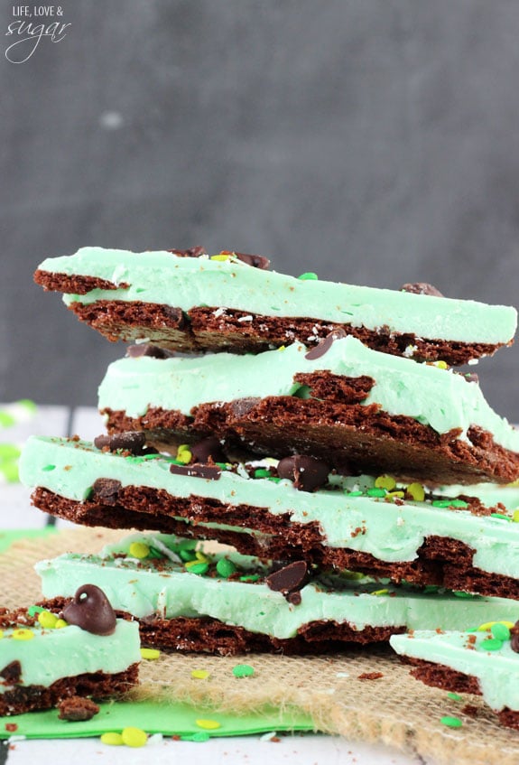 Mint Chocolate Brownie Brittle Bark pieces stacked on burlap