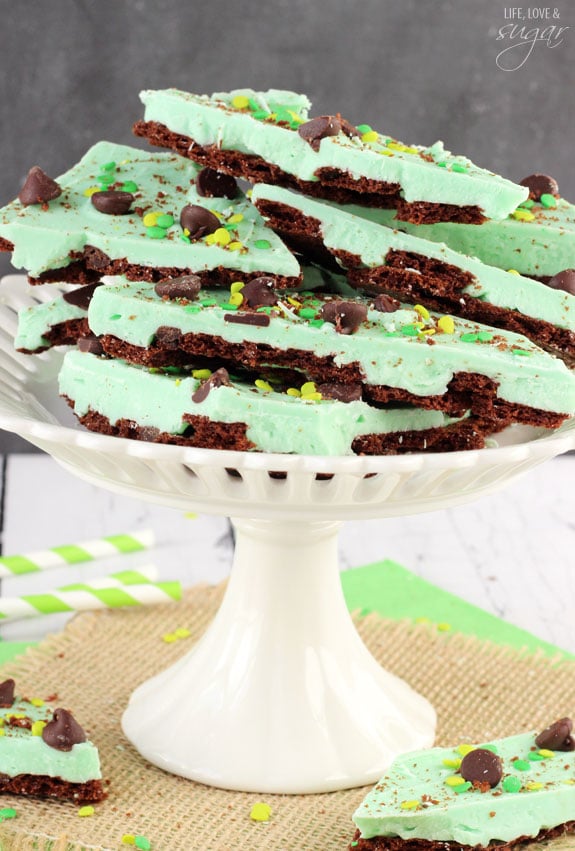 Mint Chocolate Brownie Brittle Bark pieces on a serving dish