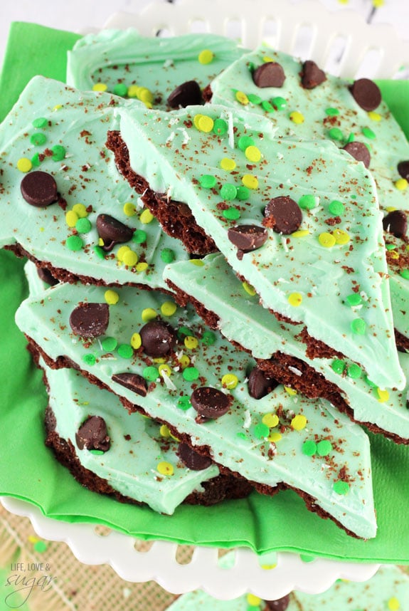 Mint Chocolate Brownie Brittle Bark pieces on a napkin