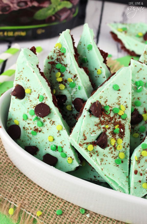 Mint Chocolate Brownie Brittle Bark pieces in a shallow bowl