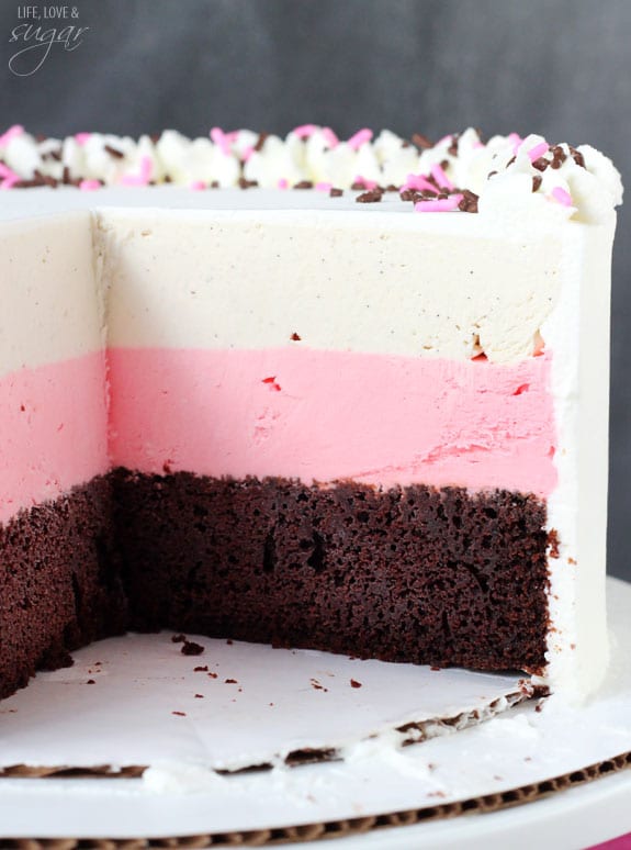 A close-up shot of the cake's interior after a few slices have been removed