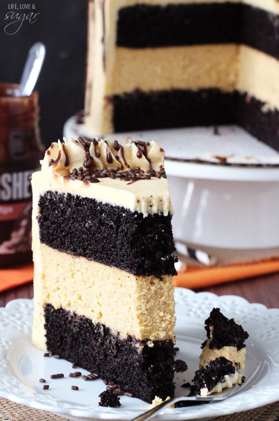 Pumpkin Chocolate Cheesecake Cake slice on a plate with a bite on a fork