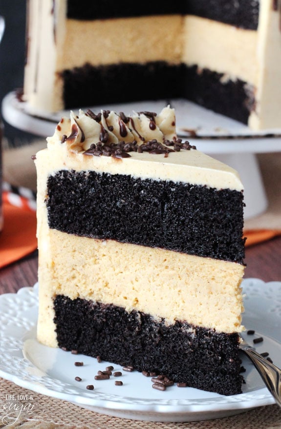 Pumpkin Chocolate Cheesecake Cake slice on a plate