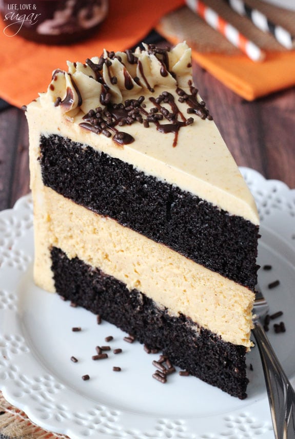 Pumpkin Chocolate Cheesecake Cake slice on a plate