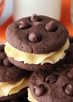 Close-up of a Pumpkin Chocolate Chip Cookie Sandwich