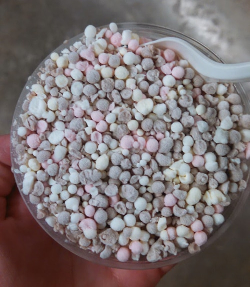 A Small Plastic Bowl of Pink, Brown and White Dippin Dots