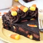 Candy Corn Chocolate Chip cookie Cake slice on yellow plate