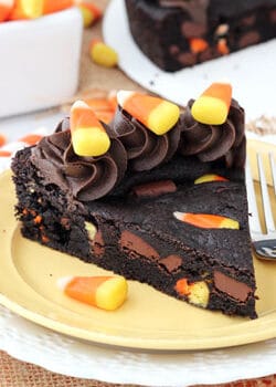 Candy Corn Chocolate Chip cookie Cake slice on yellow plate