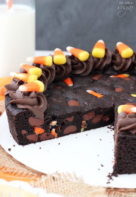 Candy Corn Chocolate Chip Cookie Cake with a slice removed