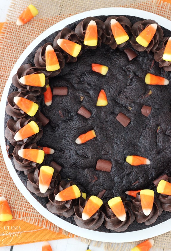 Overhead view of a Candy Corn Chocolate Chip Cookie Cake