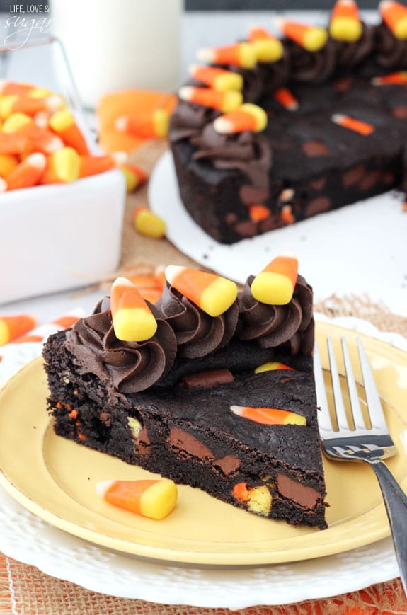 Candy Corn Chocolate Chip Cookie Cake slice on a plate