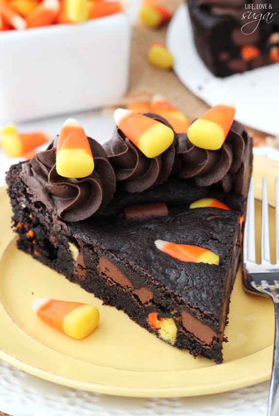 Candy Corn Chocolate Chip Cookie Cake slice on a plate