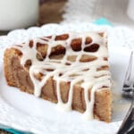 A Slice of Cinnamon Roll Cookie Cake on a plate