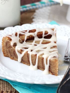 A Slice of Cinnamon Roll Cookie Cake on a plate