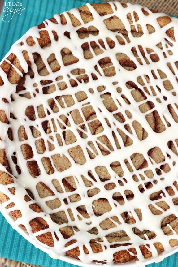 Overhead view of a Giant Cinnamon Roll Cookie Cake