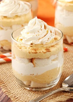 A Mini Pumpkin Cheesecake Trifle in a jar