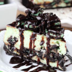 Mint Oreo Cheesecake slice on white plate