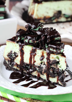 Mint Oreo Cheesecake slice on white plate