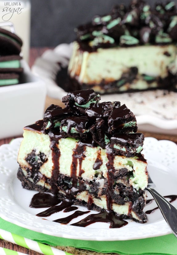 Mint Oreo Cheesecake slice on a plate