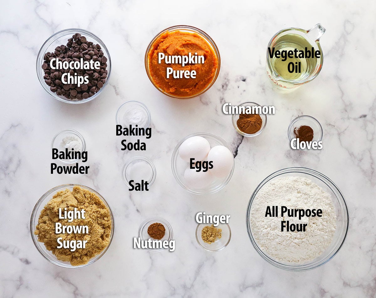 Every bite of this pumpkin chocolate chip bundt cake is moist, perfectly spiced, and dotted with chocolate chips. Overhead view of ingredients needed to make pumpkin chocolate chip bundt cake