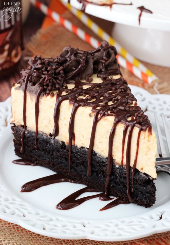 Pumpkin Chocolate Brownie Cheesecake slice on a plate