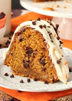 Pumpkin Chocolate Chip Bundt Cake on white plate