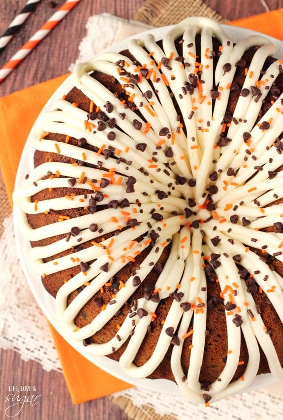 Overhead view of Pumpkin Chocolate Chip Bundt Cake.