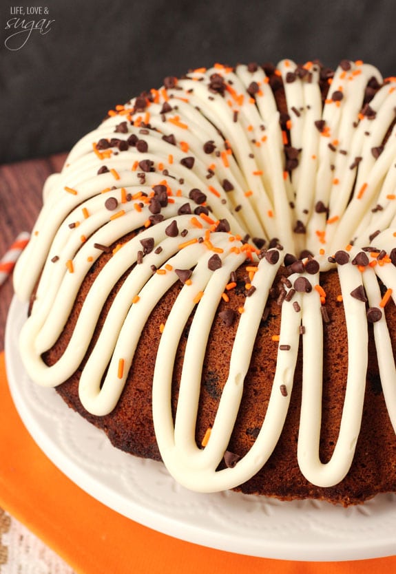 Pumpkin Chocolate Chip Bundt Cake on a white plate