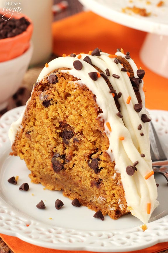 Pumpkin Chocolate Chip Bundt Cake slice on a plate