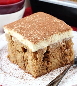 Tiramisu Poke Cake on white plate