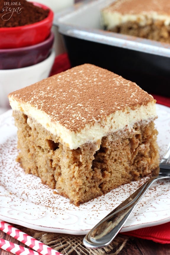 Tiramisu Poke Cake on white plate