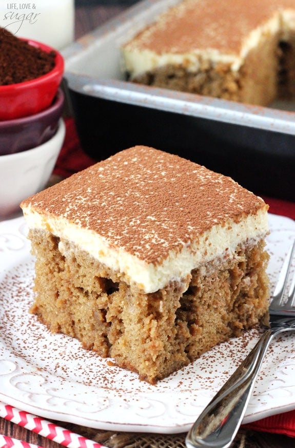 Tiramisu Poke Cake on white plate