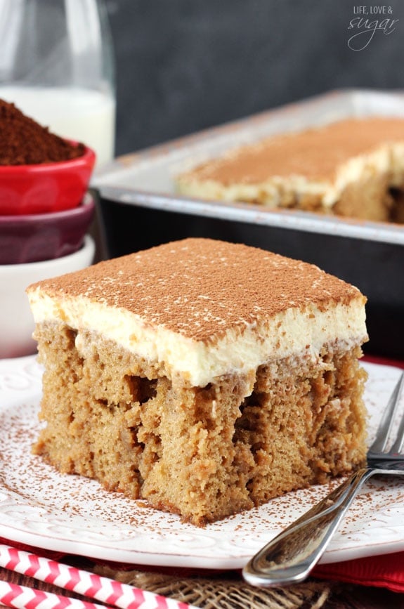 Tiramisu Poke Cake on white plate