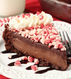 Brownie Brittle Peppermint Chocolate Pie slice on white plate