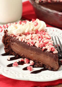 Brownie Brittle Peppermint Chocolate Pie slice on white plate